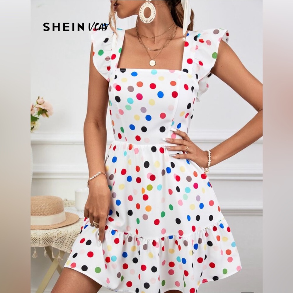 SHEIN Multicolor Polka Dot Ruffle Strap Dress – Size M